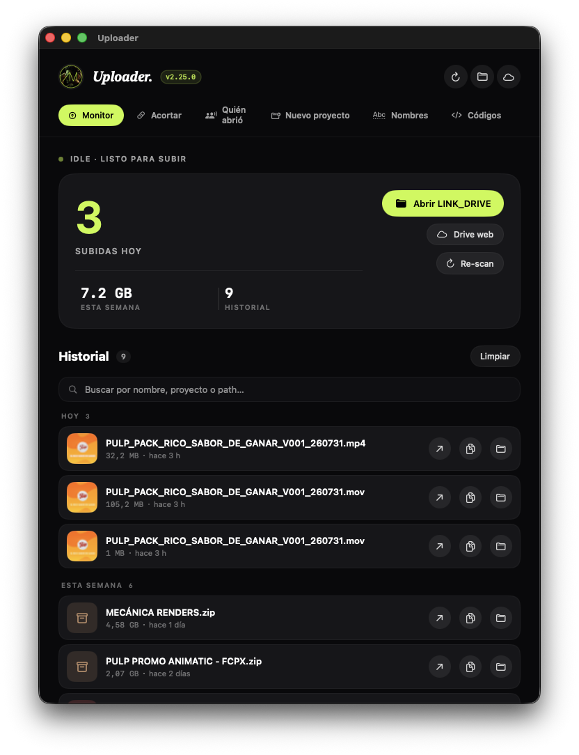 Tab Monitor — Subidas y historial