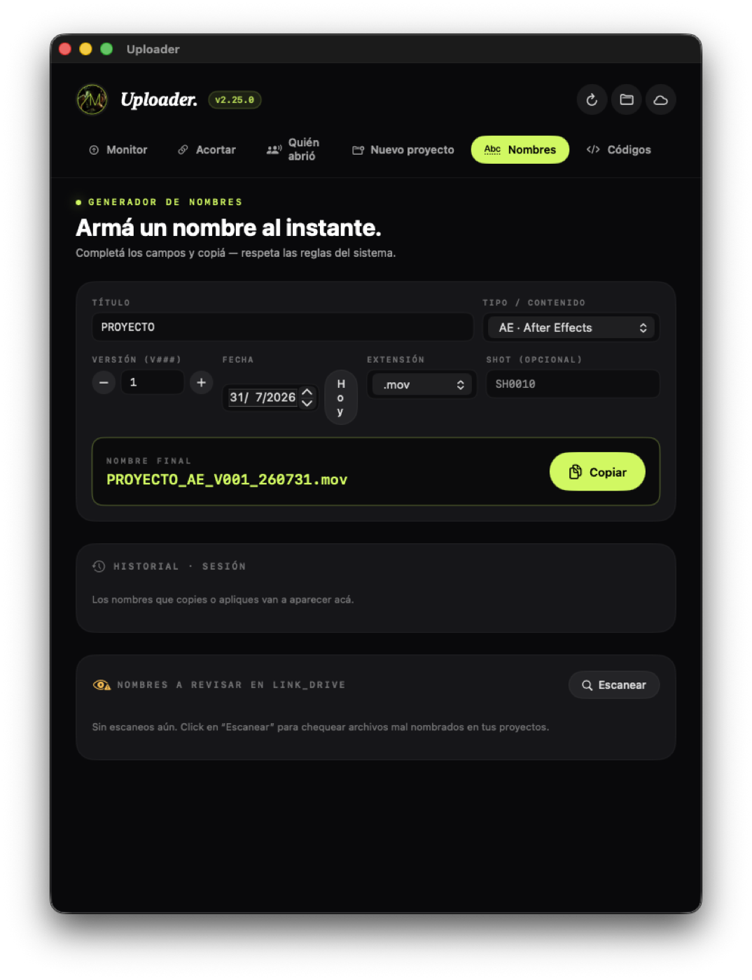 Tab Nombres — Generador de nombres