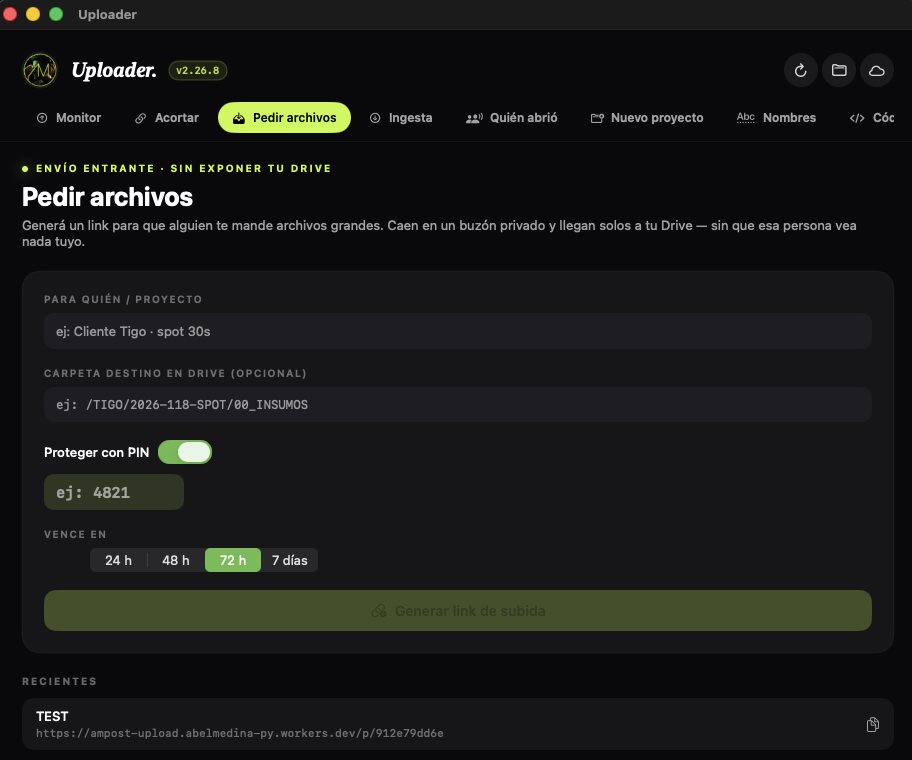App Uploader — pestaña Pedir archivos: generador de link con carpeta destino, PIN y vencimiento