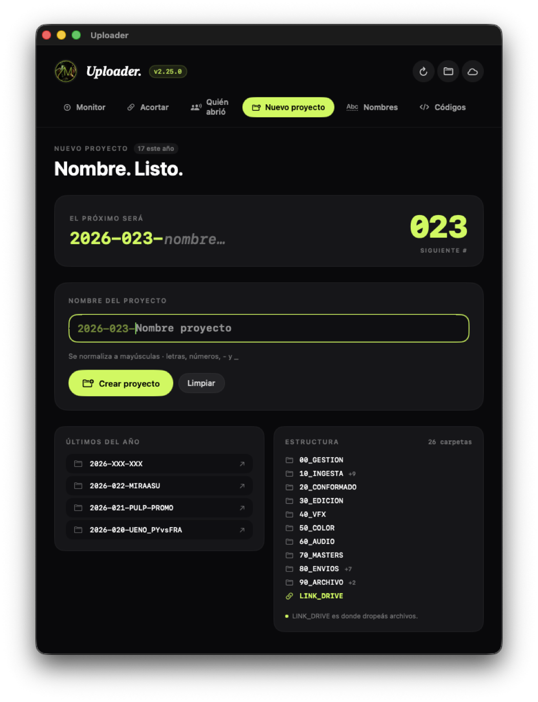 Tab Nuevo proyecto — Nomenclatura auto
