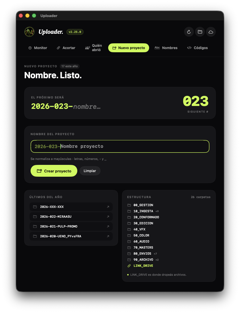 Tab Nuevo proyecto — Nomenclatura auto
