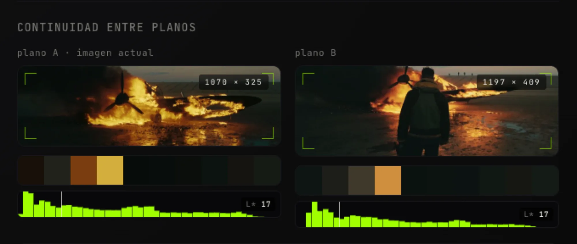 ColorRef — comparación de dos planos con paletas y histogramas L*