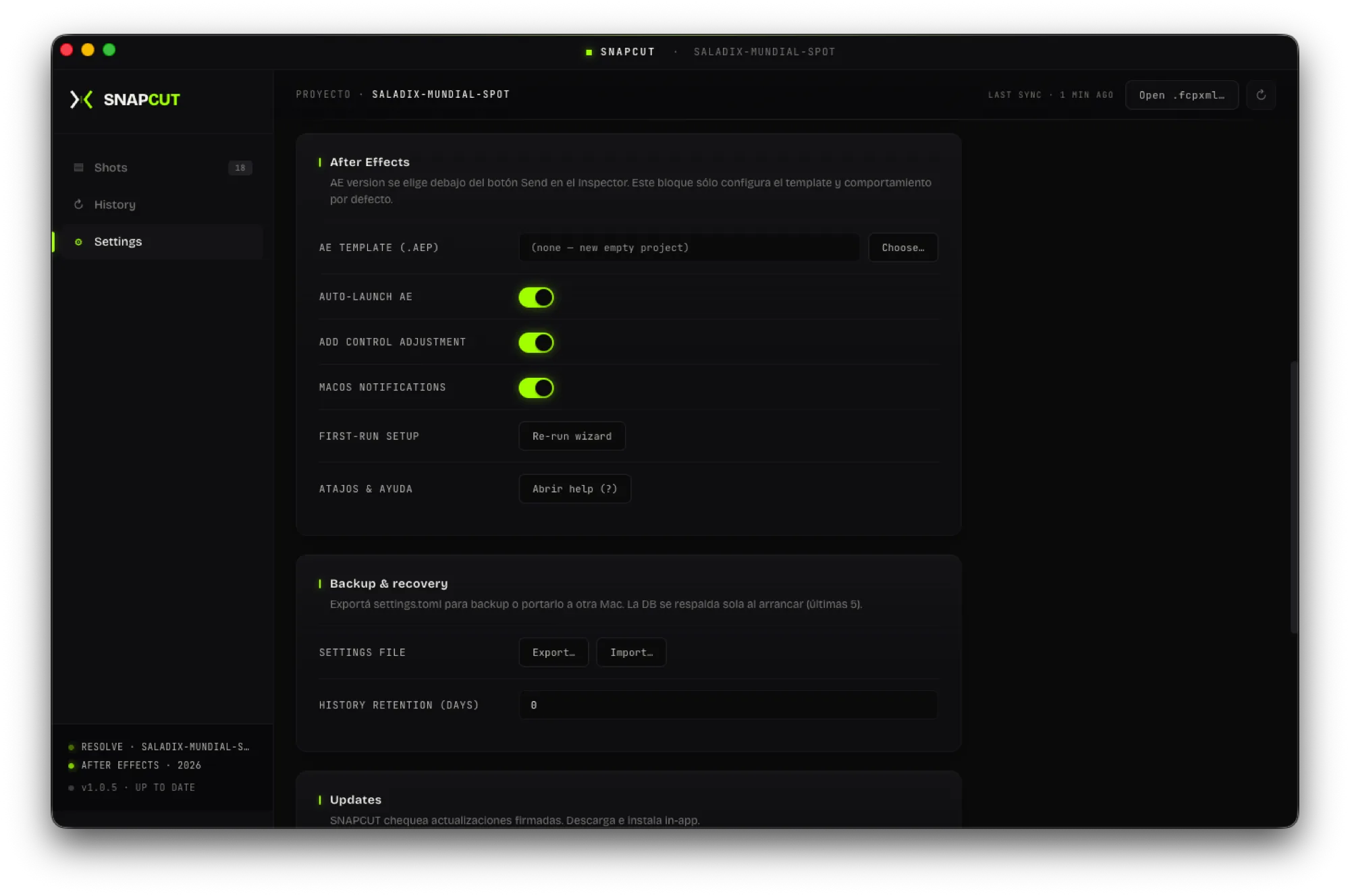SNAPCUT — Settings de After Effects: template, auto-launch, notificaciones