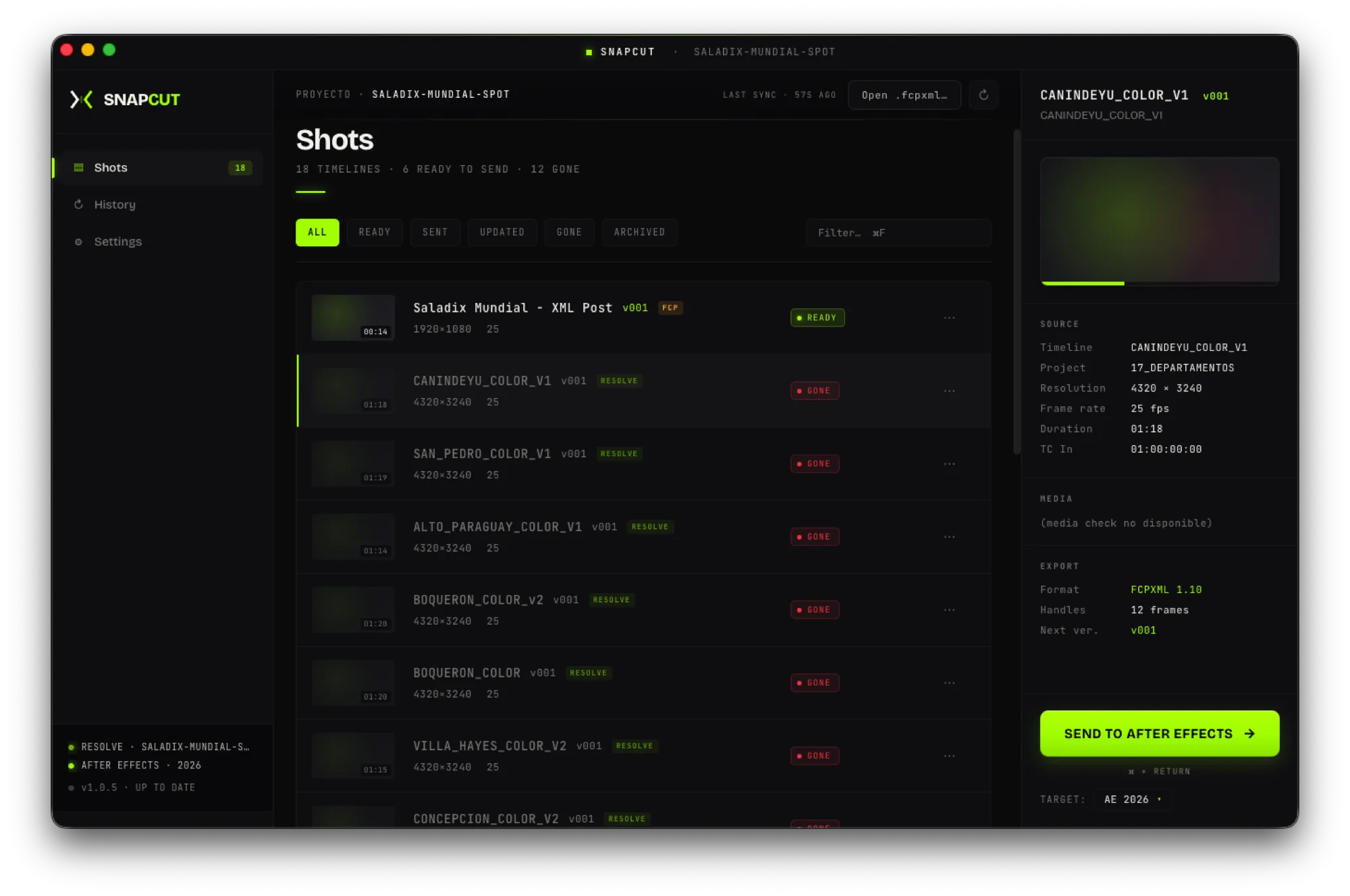 SNAPCUT — vista de Shots con inspector y botón Send to After Effects